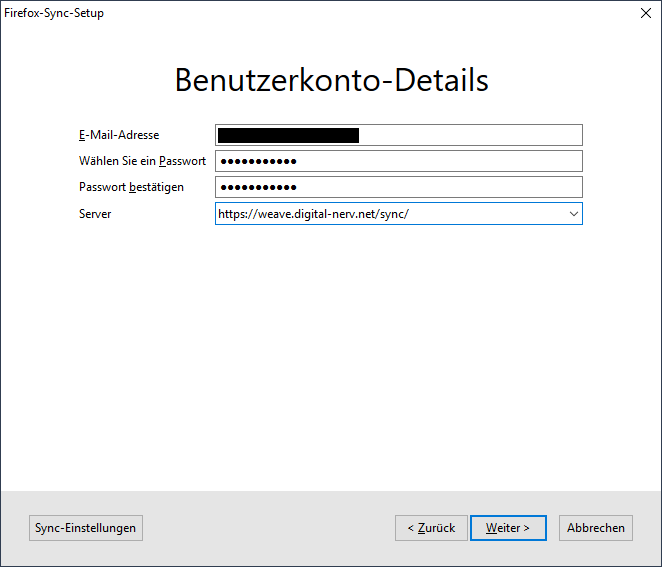 Firefox-Sync-Setup » Benutzerkonto-Details